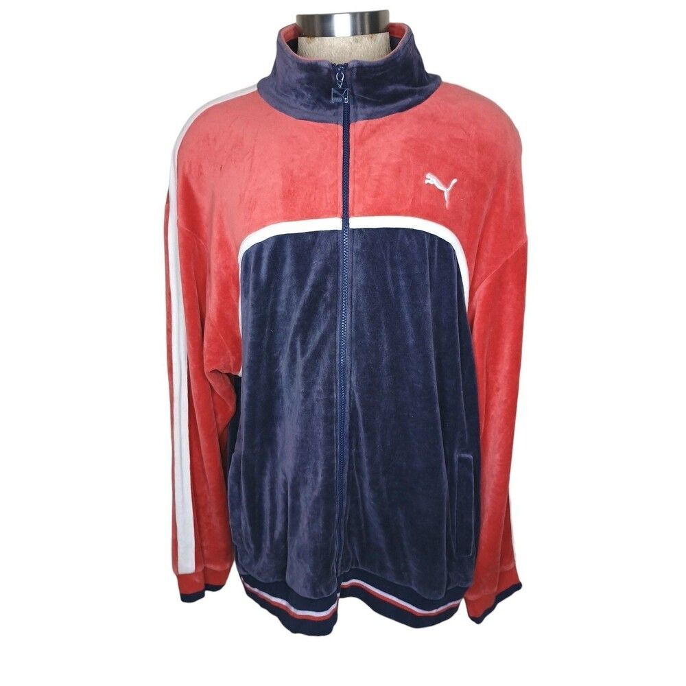 PUMA SWEATSHIRT Mens Sz 3XL Orange Blue Velour Full Zip Logo Vintage 90s Y2K